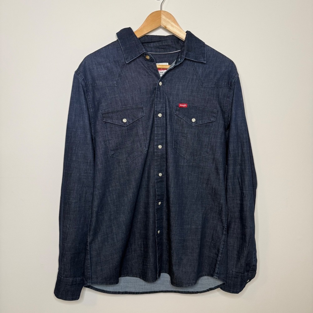 Wrangler Men's M Pearl Snap Denim Western Shirt Blue Long Sleeve Cowboy Rodeo